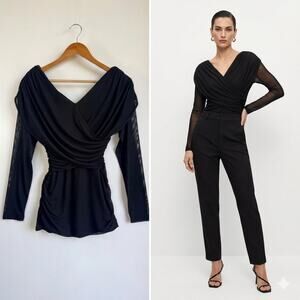 NWT LOFT Black Mesh Ruched Wrap Bodysuit Sheer Long Sleeve Top Size Large L